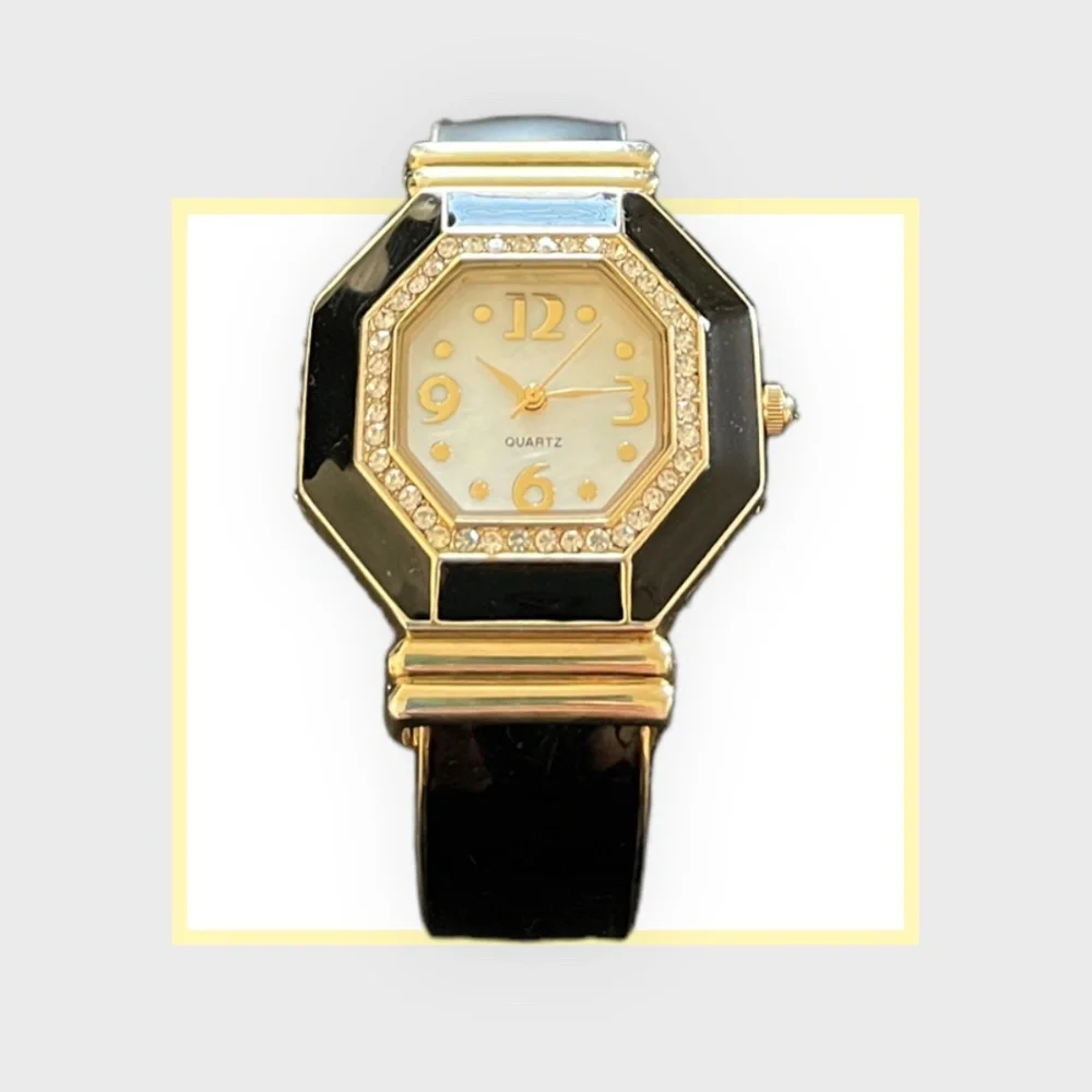 Chico's‎ Black and Gold Octagon Shaped Face Watch Cuff Bracelet